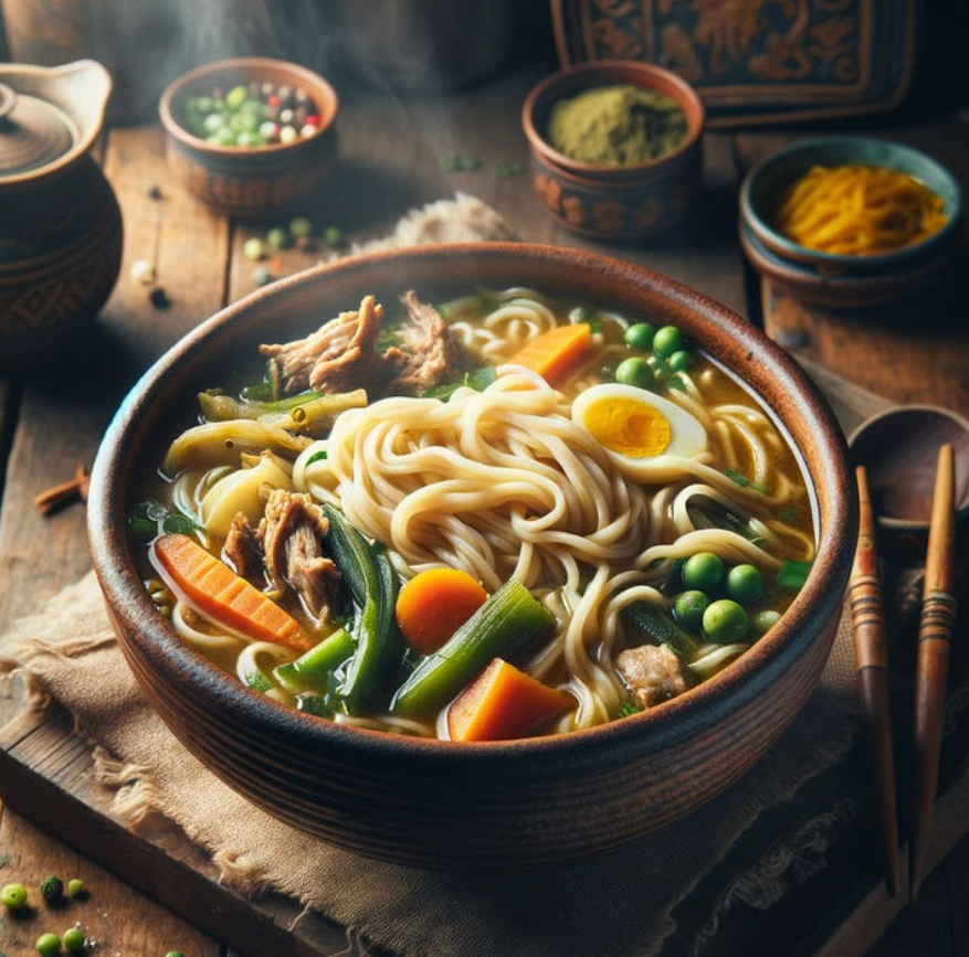 A bowl of noodles in vegetable broth topped with egg and vegetables