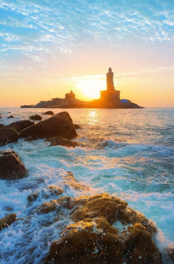 Thiruvalluvar Statue standing tall in a small island in Indian Ocean